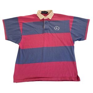 Ralph Lauren Polo Shirt Men S Pink Blue Rugby‎ Stripe Spellout Pony Embroidered
